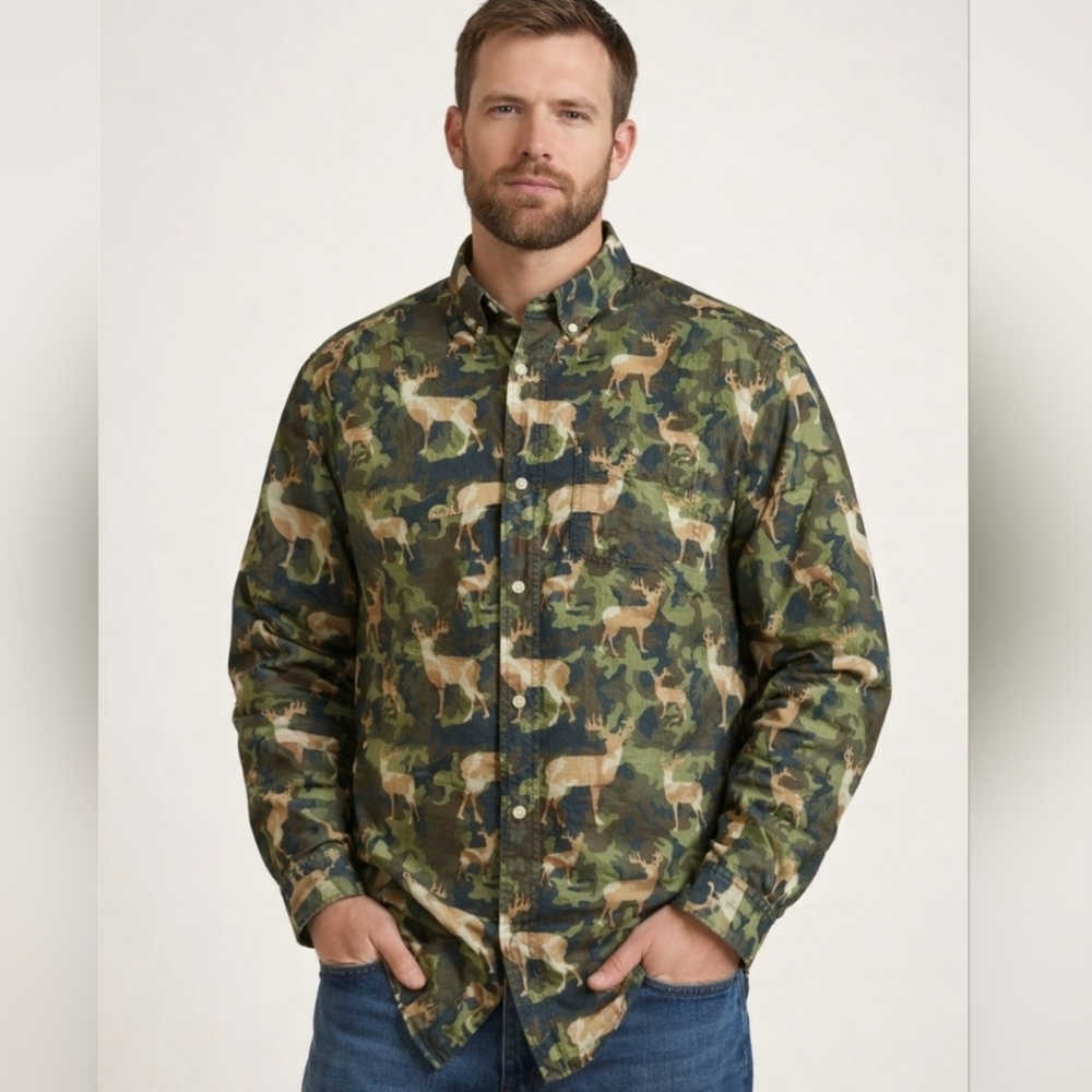 Woolrich Camo Deer Print Shirt Mens L Green Button Down Long Sleeve Cotton